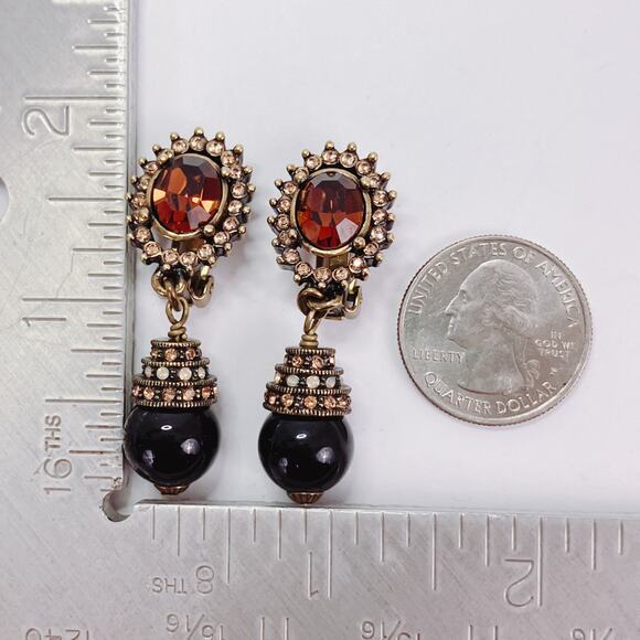 VTG Signed Heidi Daus Rhinestone Black Bead Faux Pearl Gold Clip Dangle Earrings - Picture 10 of 11